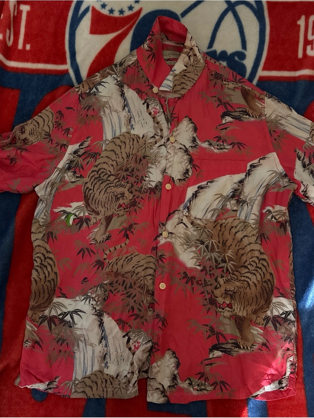 Allsaints Sumerian Tiger Print Camp Shirt Men L Pink Relaxed Fit Hawaiian Resort